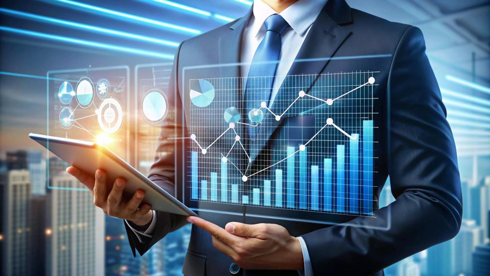 A person holding a tablet showing business charts